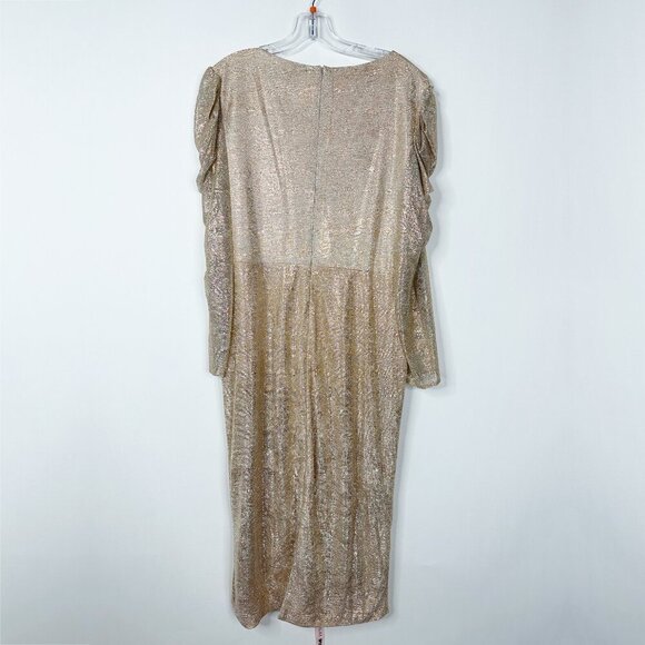NWT Mac Duggal Long Sleeve Deep V Draped Shimmer Dress Rose Gold 16W - Picture 5 of 8